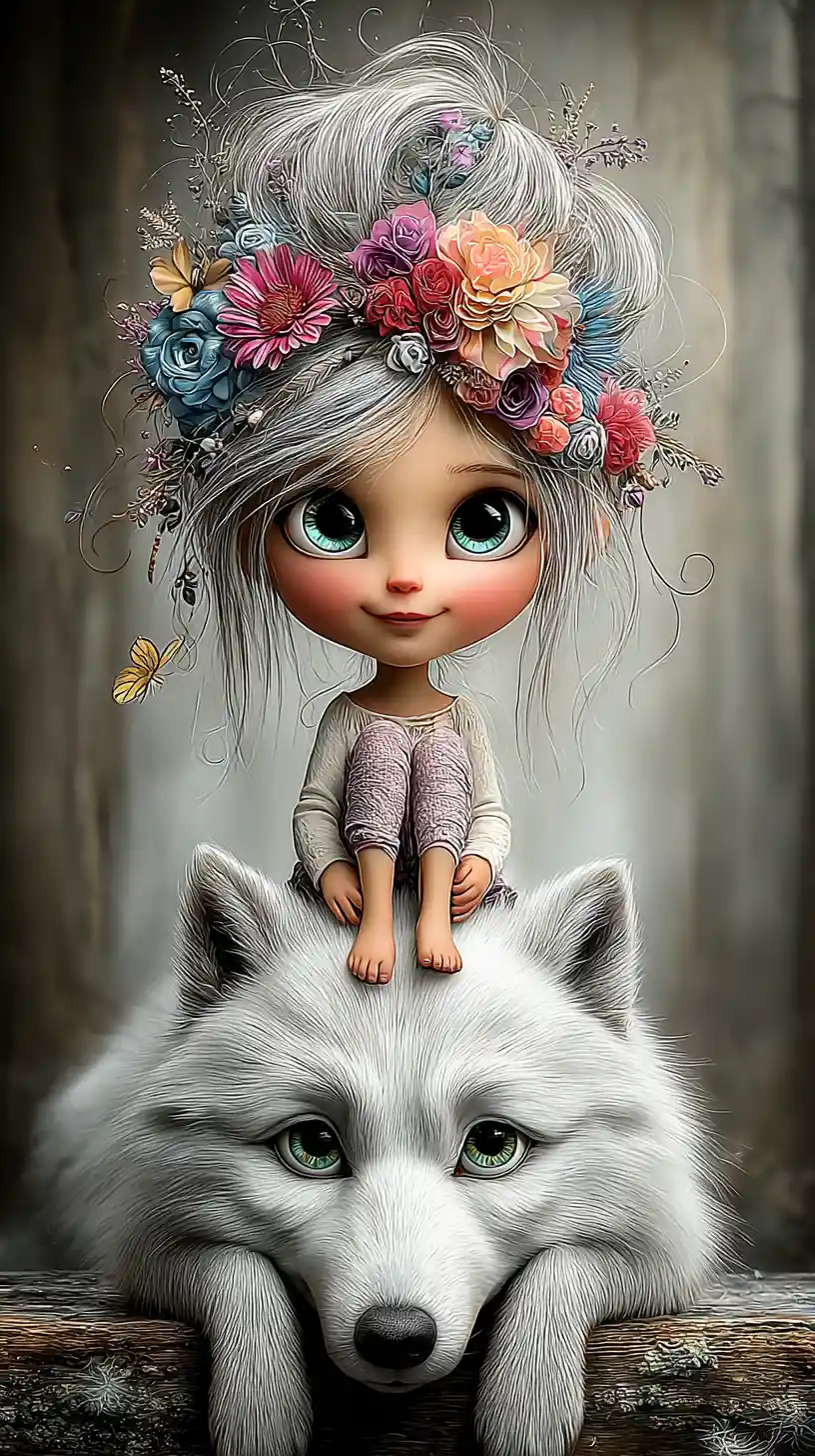 Cute silver haired girl riding a white wolf