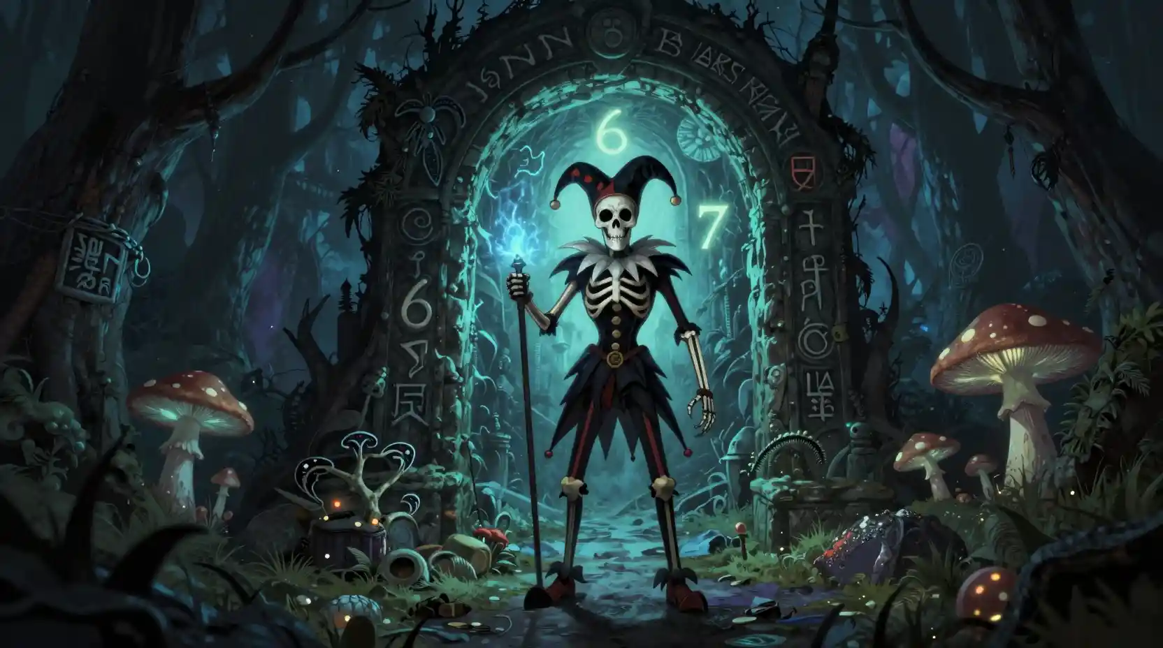 Skeleton jester warrior guarding a glowing forest portal
