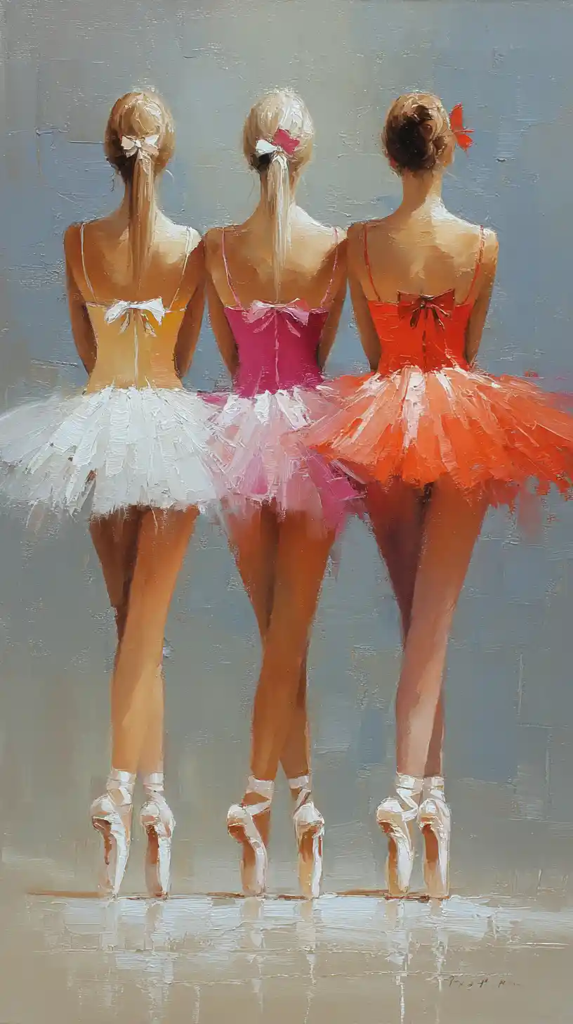 Impressionist painting of three ballerinas standing en pointe