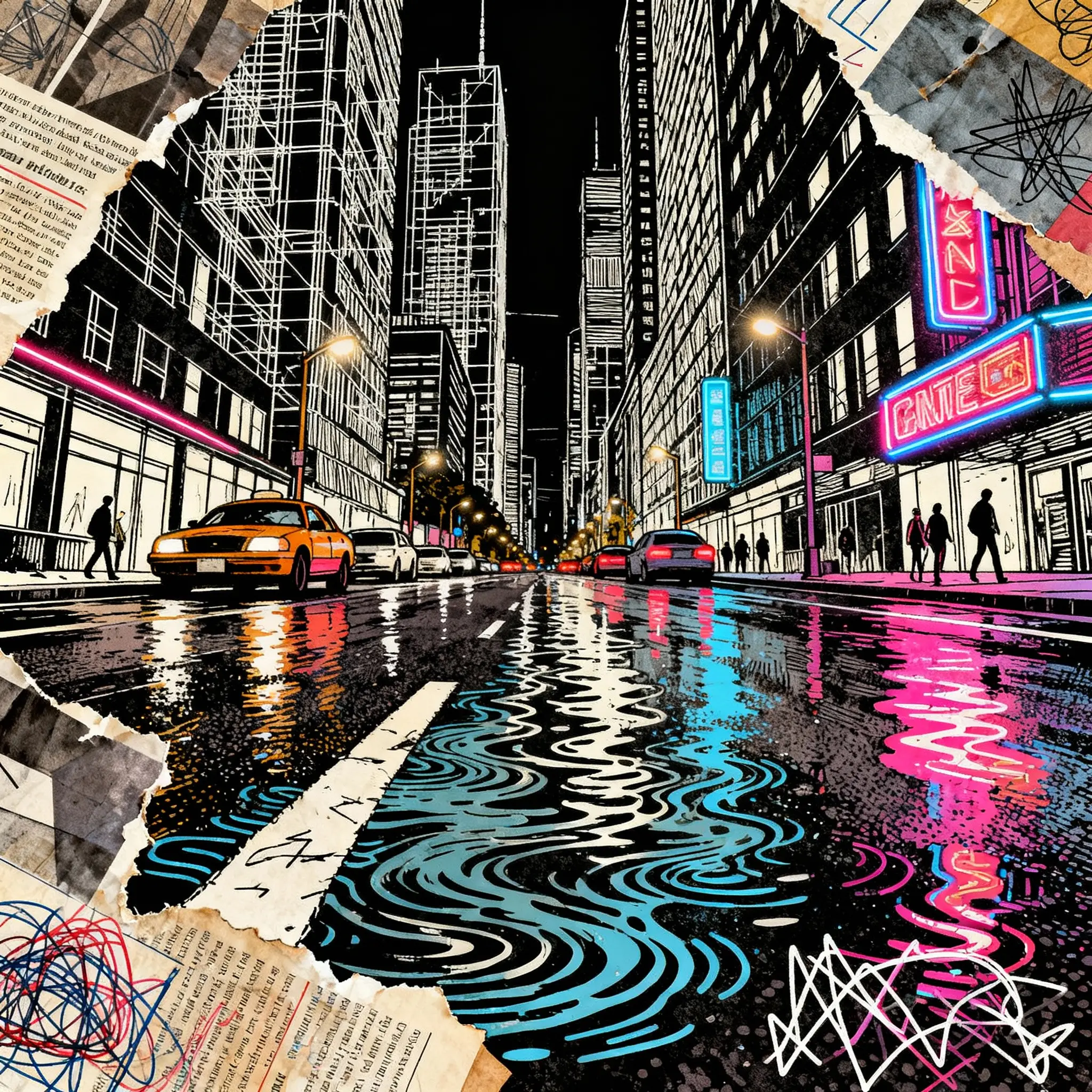 Vibrant Night Cityscape In Mixed Media Illustration Style