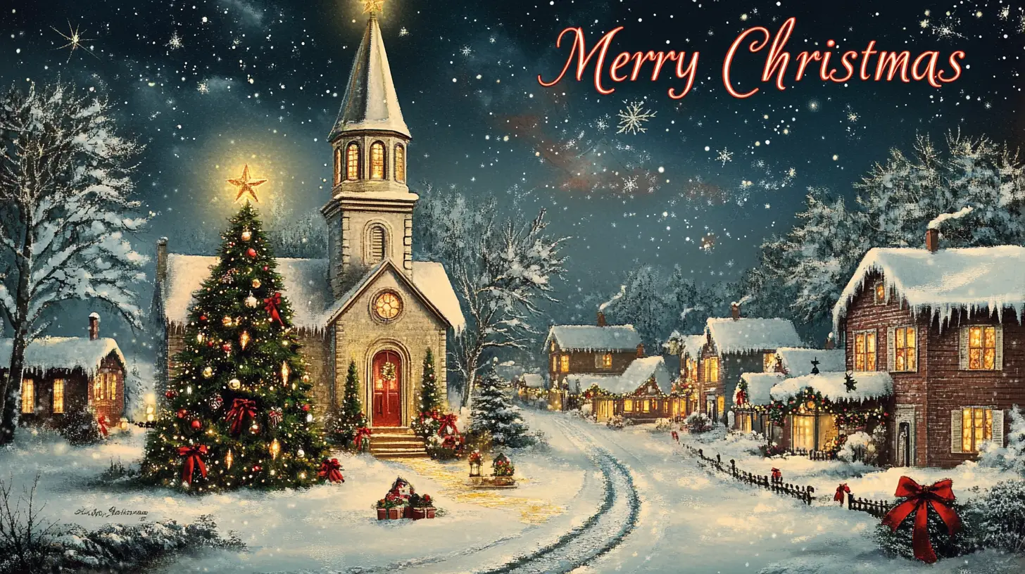 Vintage Christmas village postcard with church and tree