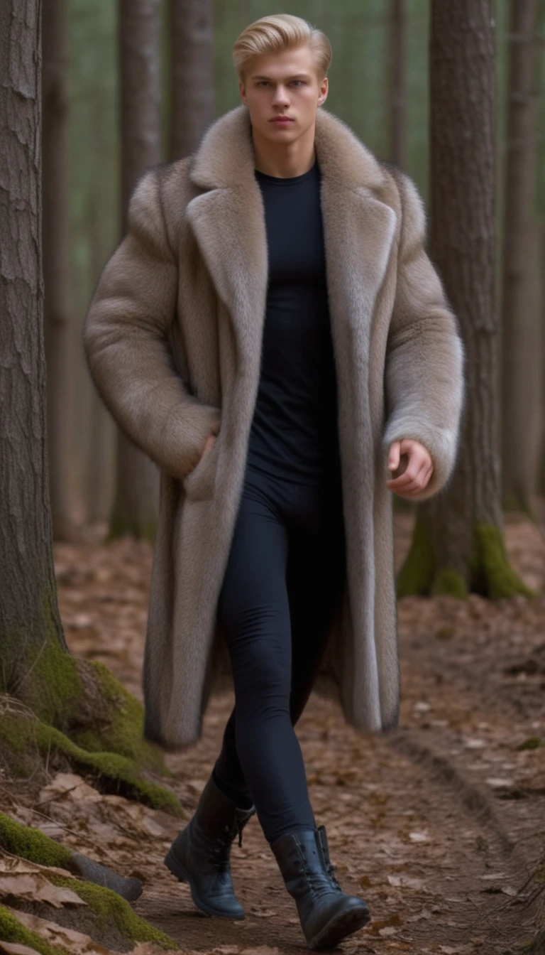 Blond teenage boy walking in a winter forest