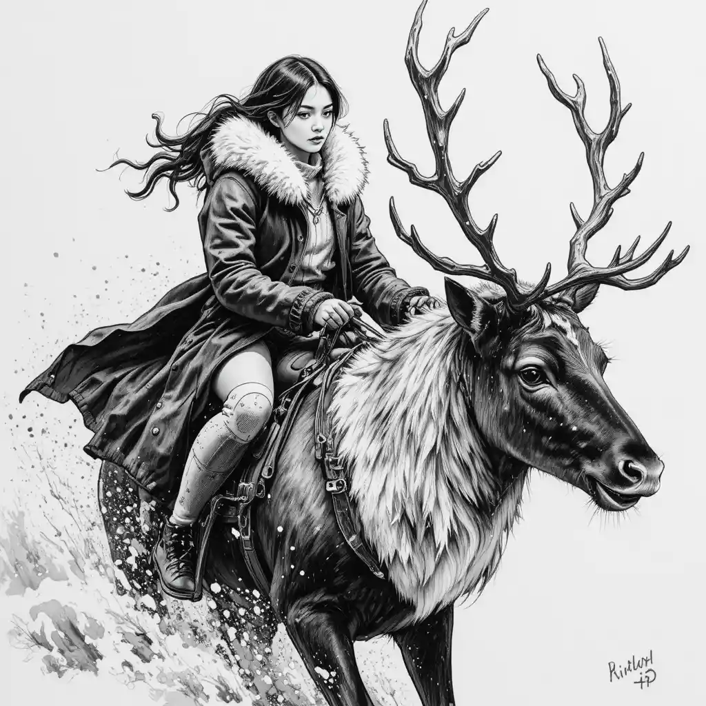 Mädchen reitet auf einem magischen Rentier durch einen tobenden Schneesturm
