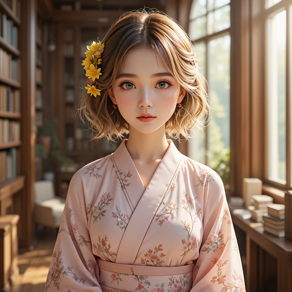 Anime girl in floral kimono standing in a warm library