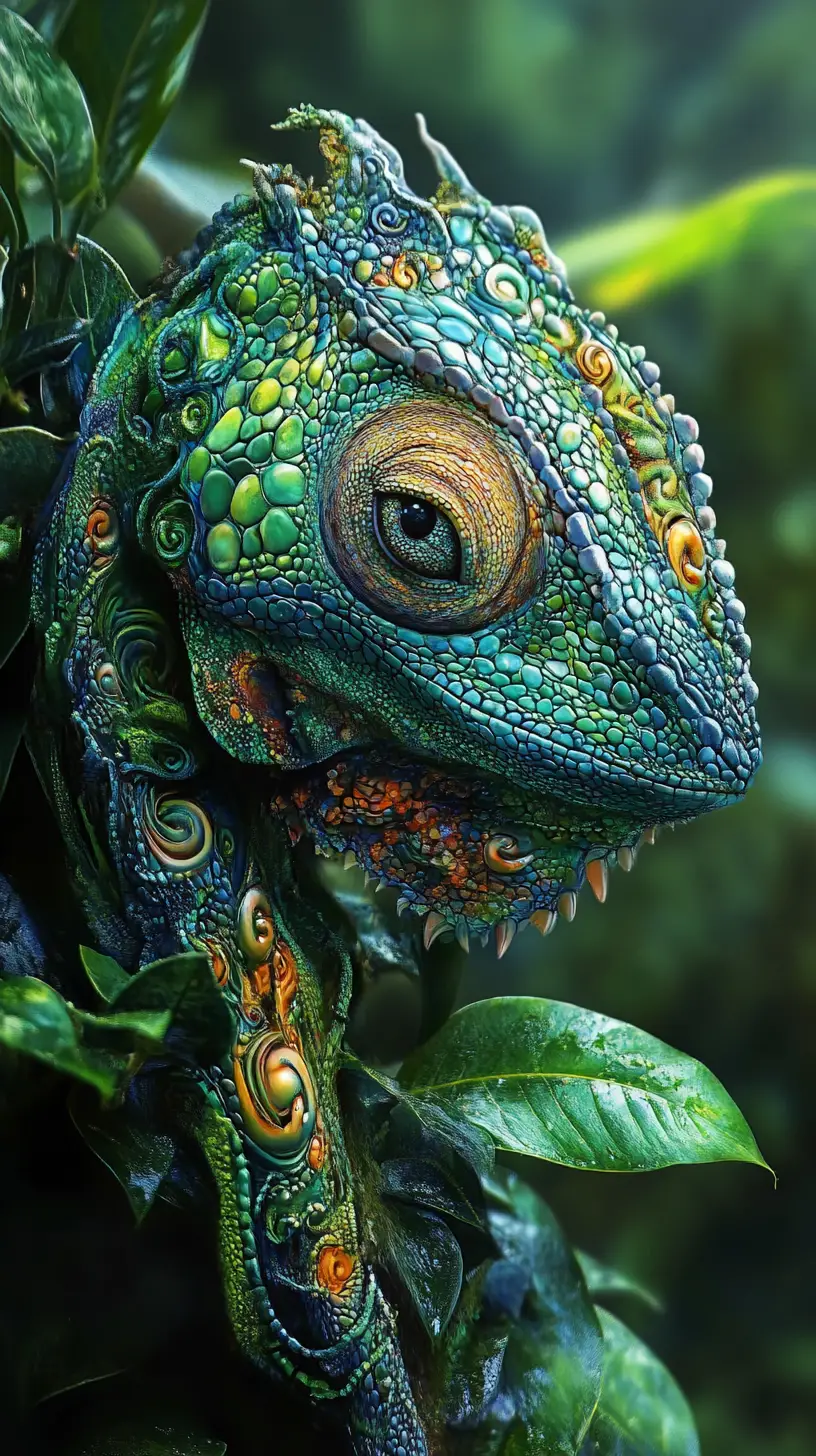 Surreal illusion of a strange scene with a chameleon
