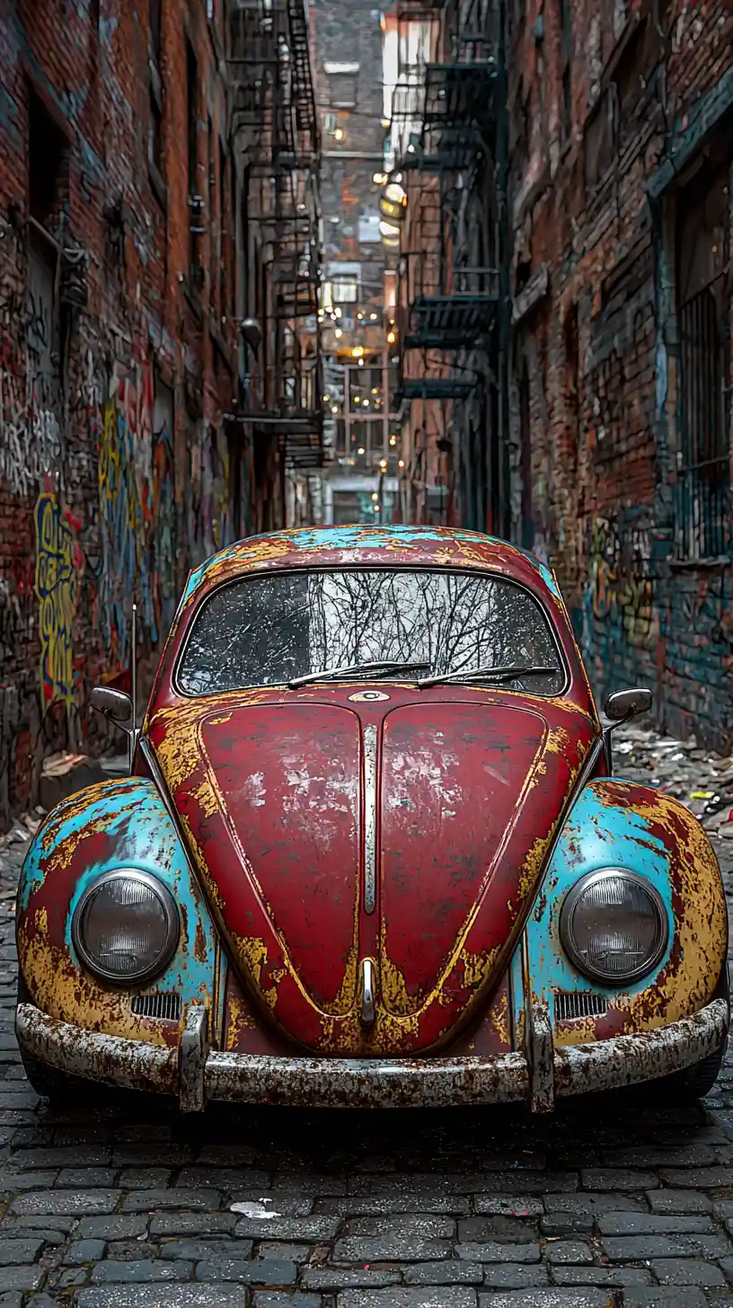 Auto d'epoca arrugginita in un vicolo urbano acciottolato