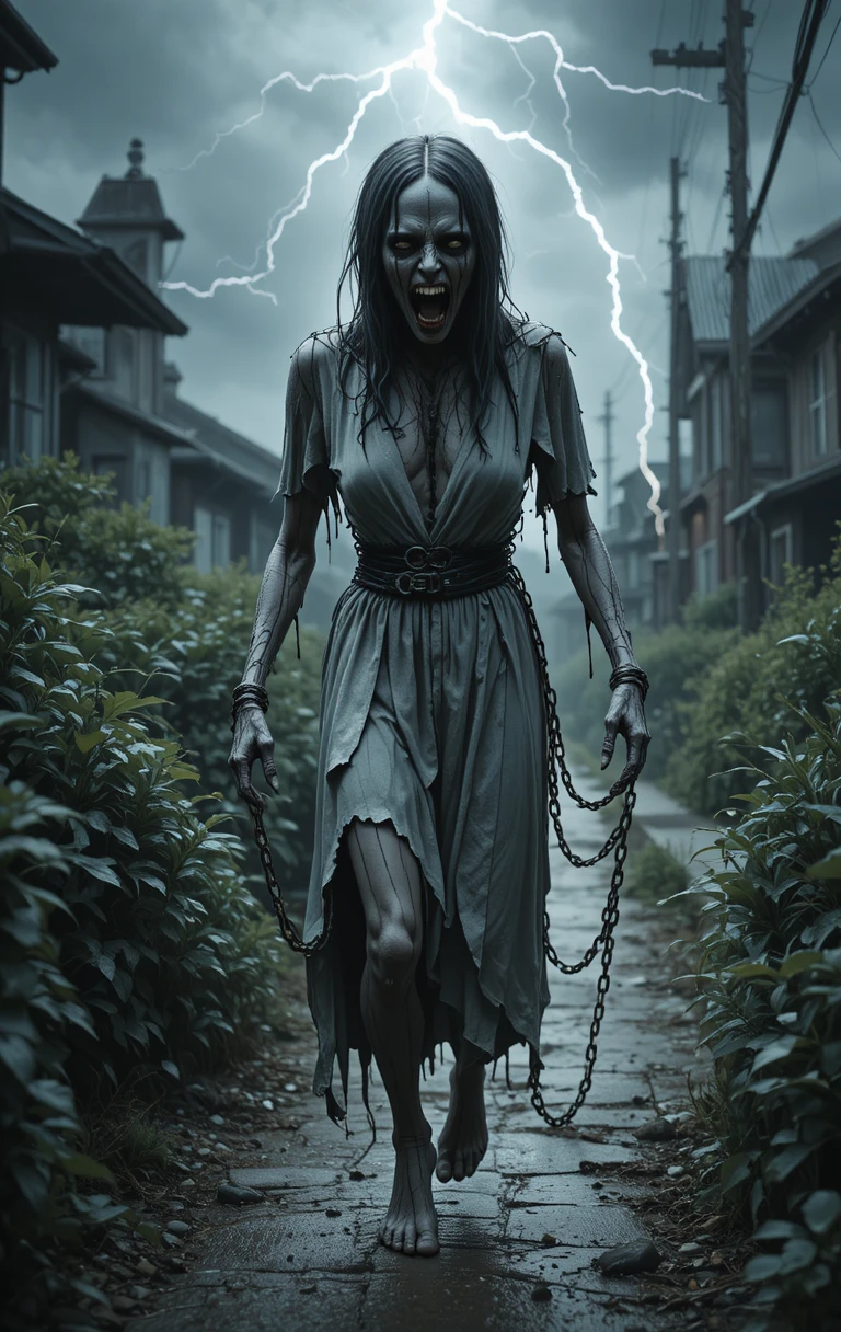 Terrifying chained ghost floating along a dark street