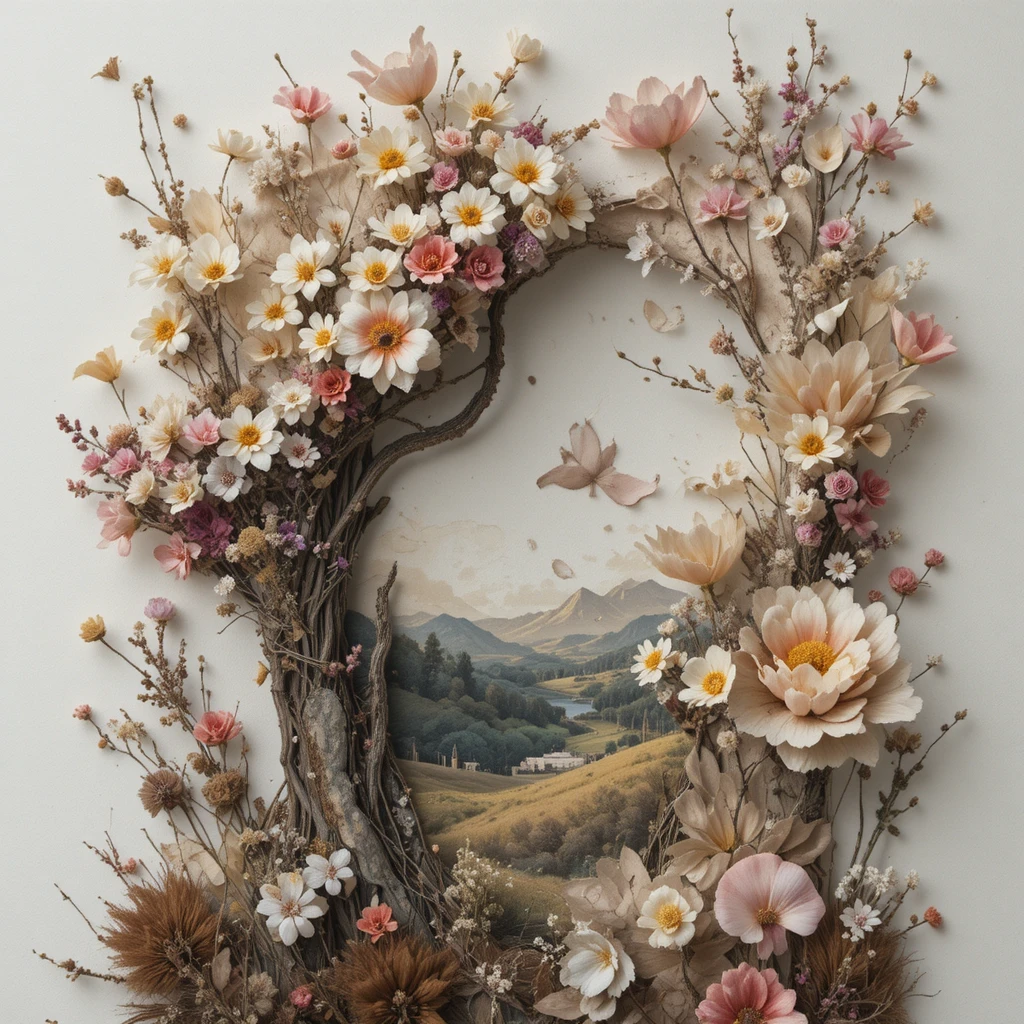 Narrative textile collage emerging from a plain background