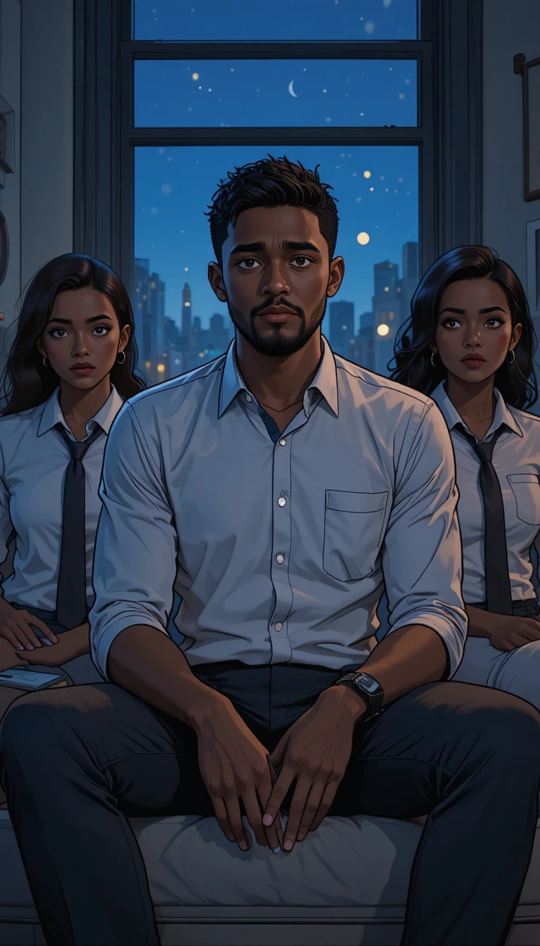 Tired black man in office clothes sitting alone at night