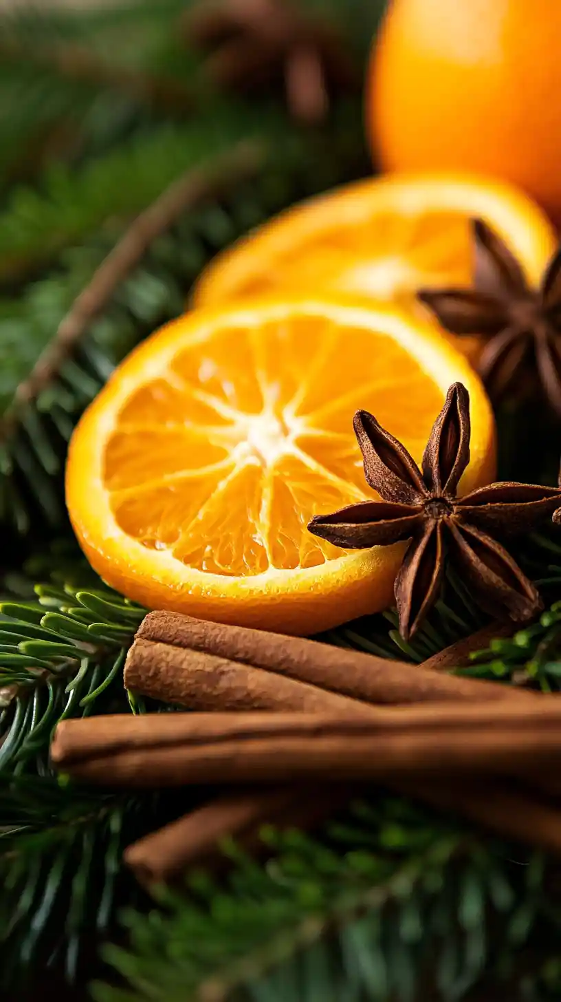 Cozy macro of sliced orange with spices and foliage