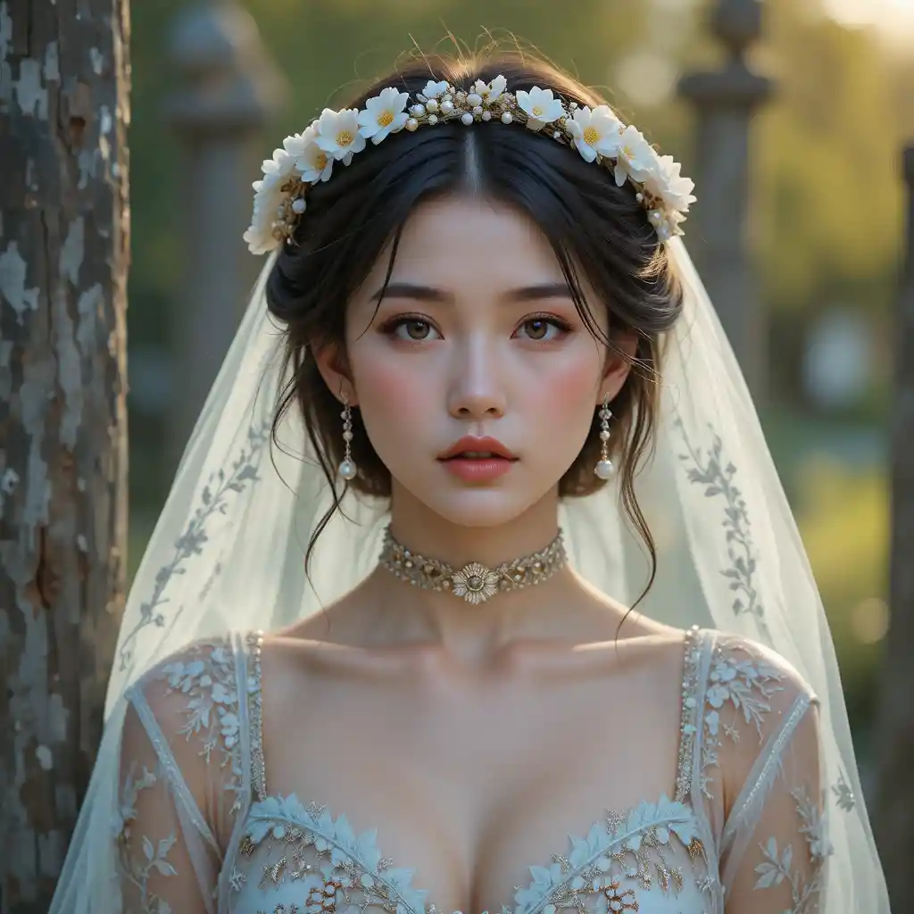 Ethereal young woman in floral crown and sheer embroidered dress