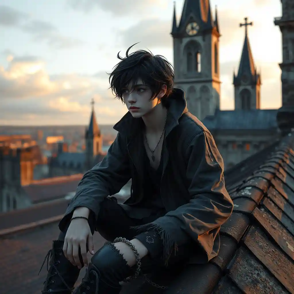 Young vampire sitting on a gothic church rooftop at sunset