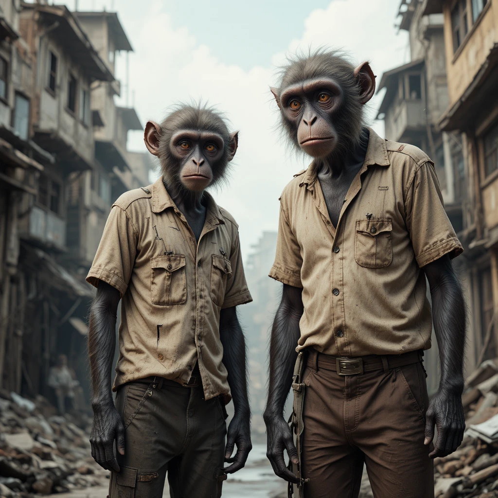 Monkey family in worn clothes beside urban slum buildings