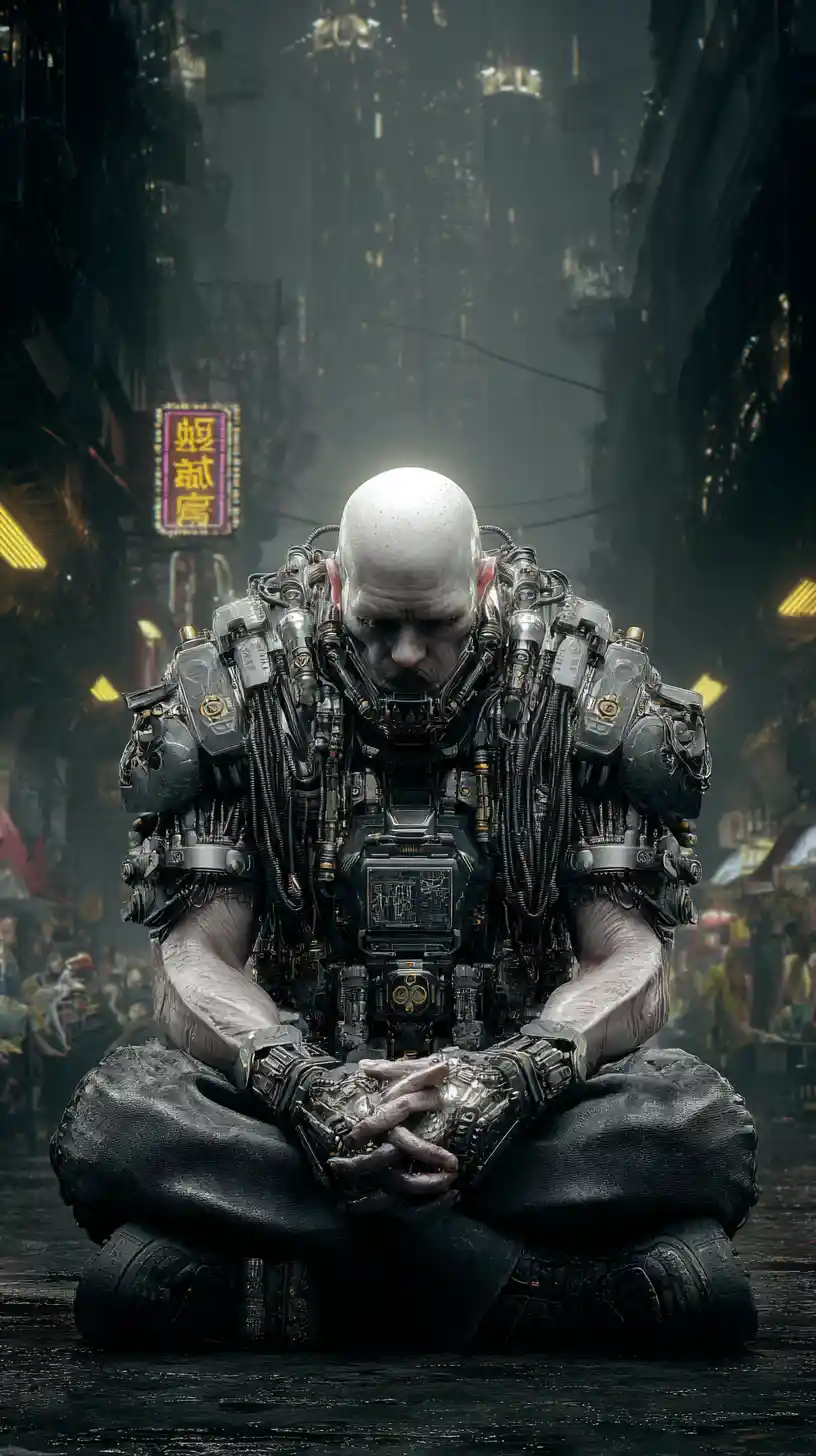 Menacing cyborg in heavy armor standing in a dark city