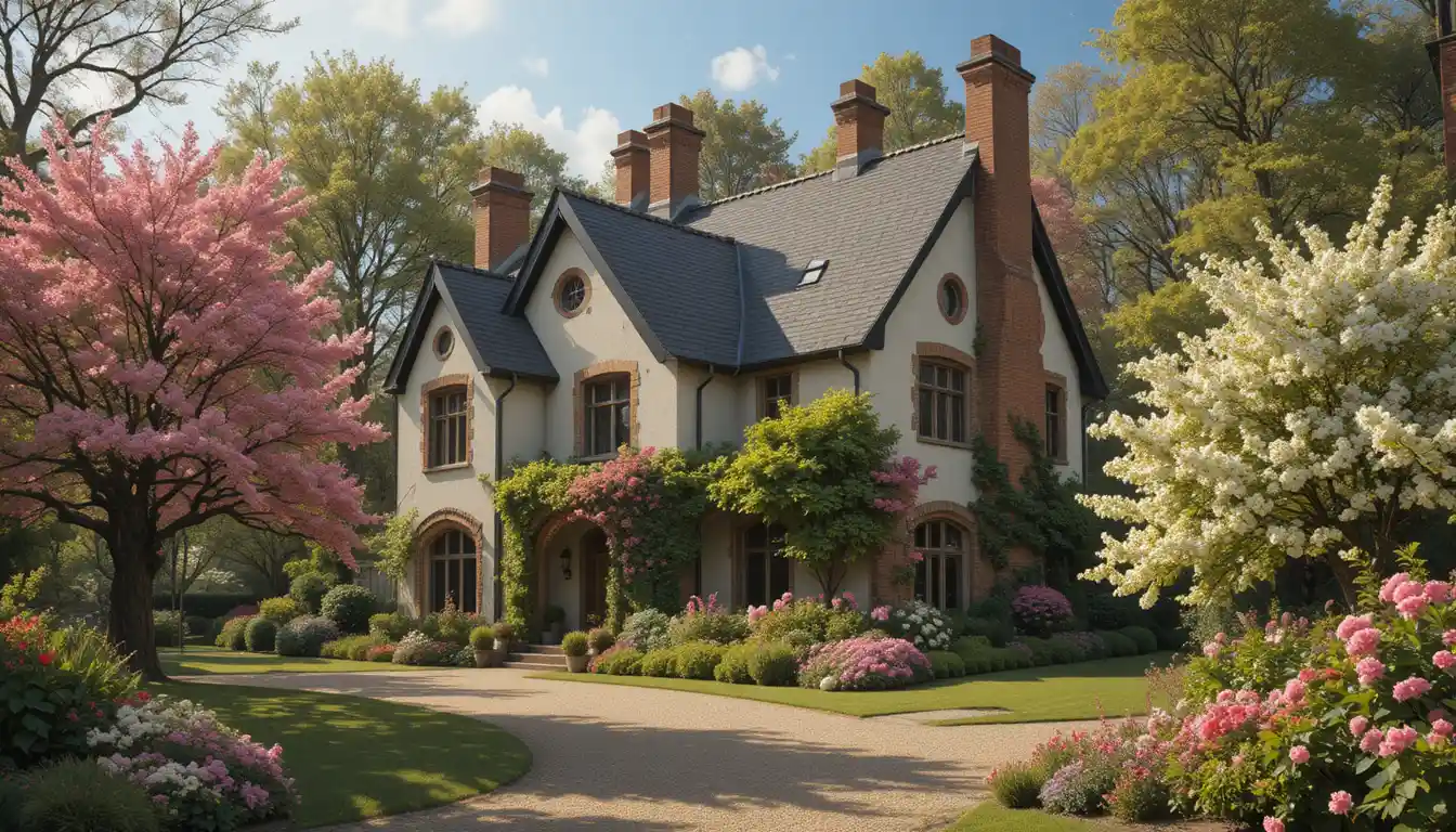 Gemütliches französisches Landhaus zwischen Bäumen und blühenden Blumen