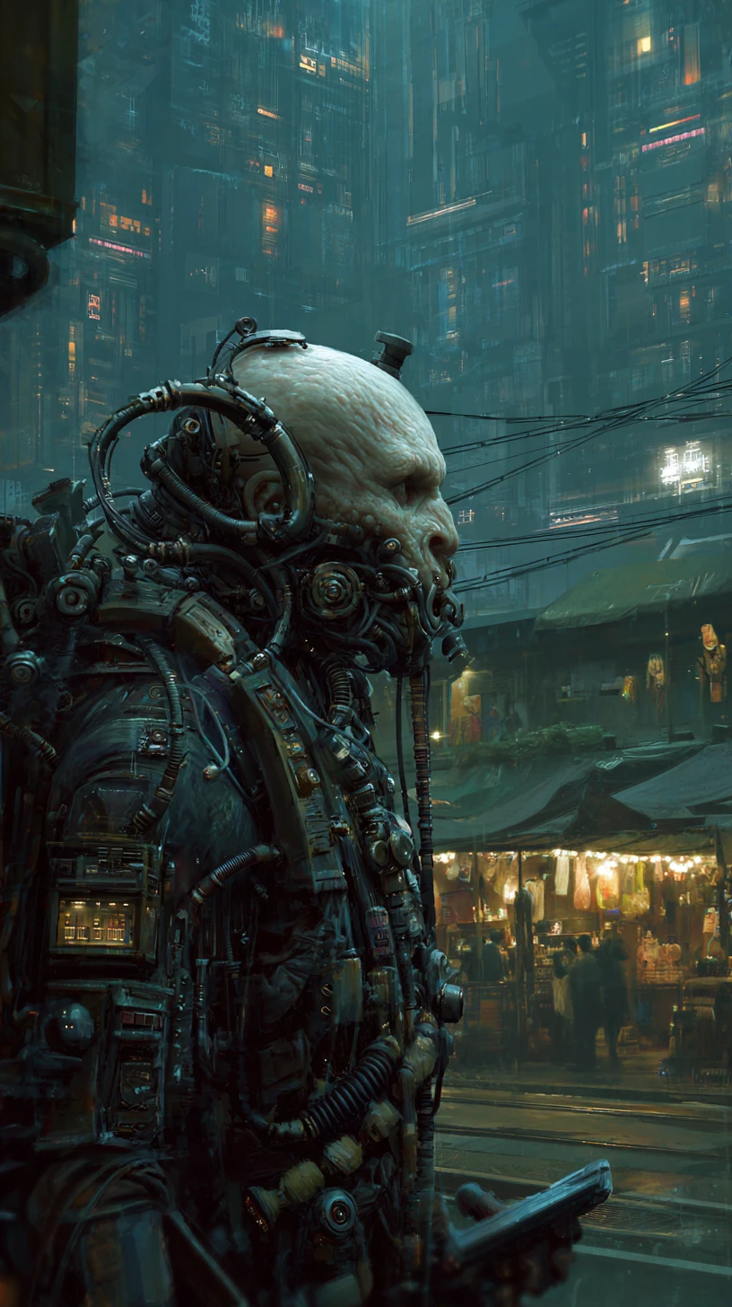 Cyborg cyberpunk minaccioso con volto esposto e armatura
