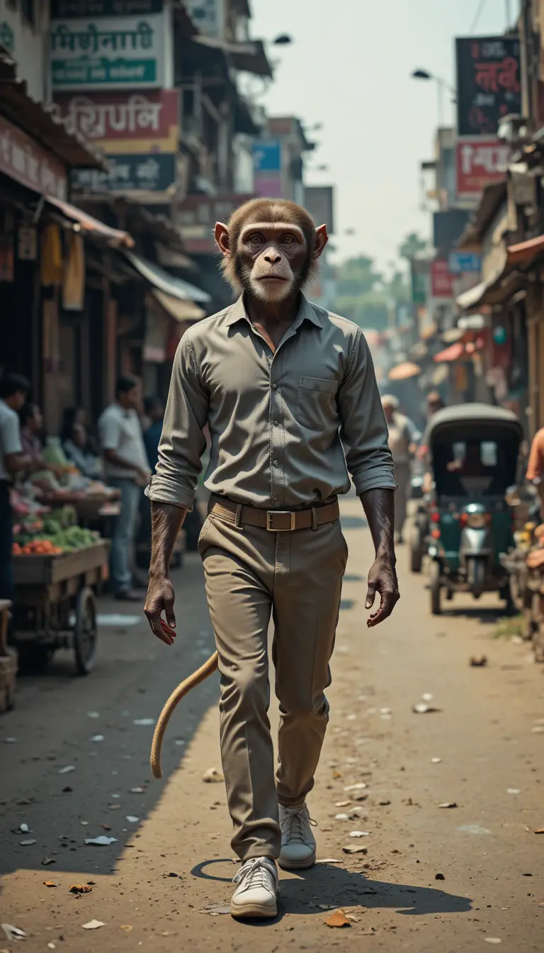 Anthropomorphic Monkey Walking Through Indian Street Market