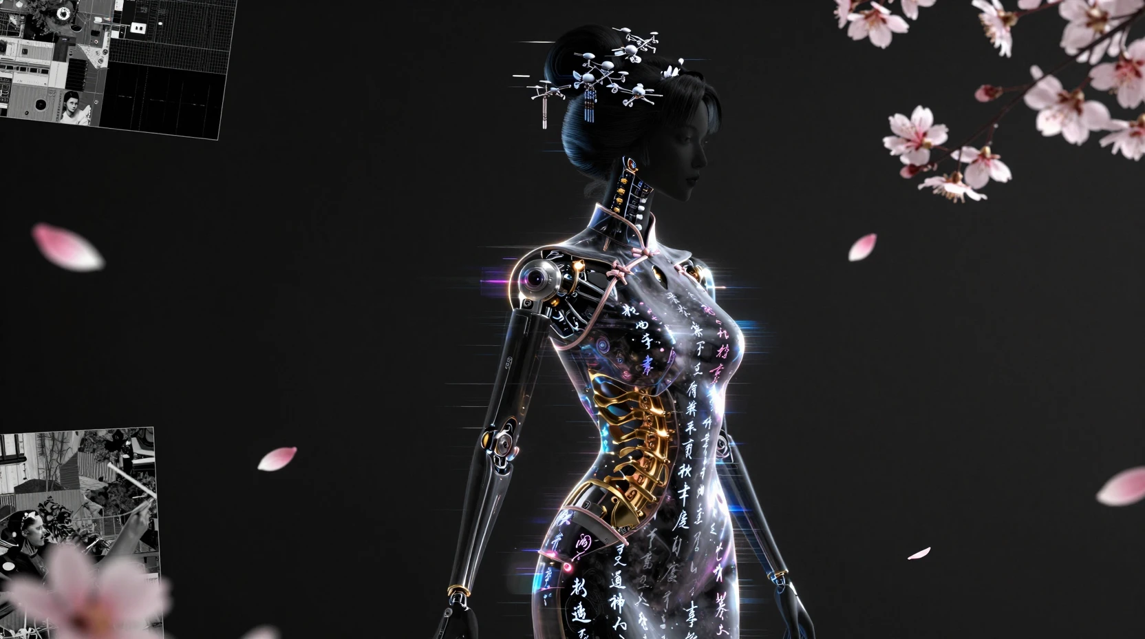 Biomechanical geisha with neon sakura in cinematic silhouette
