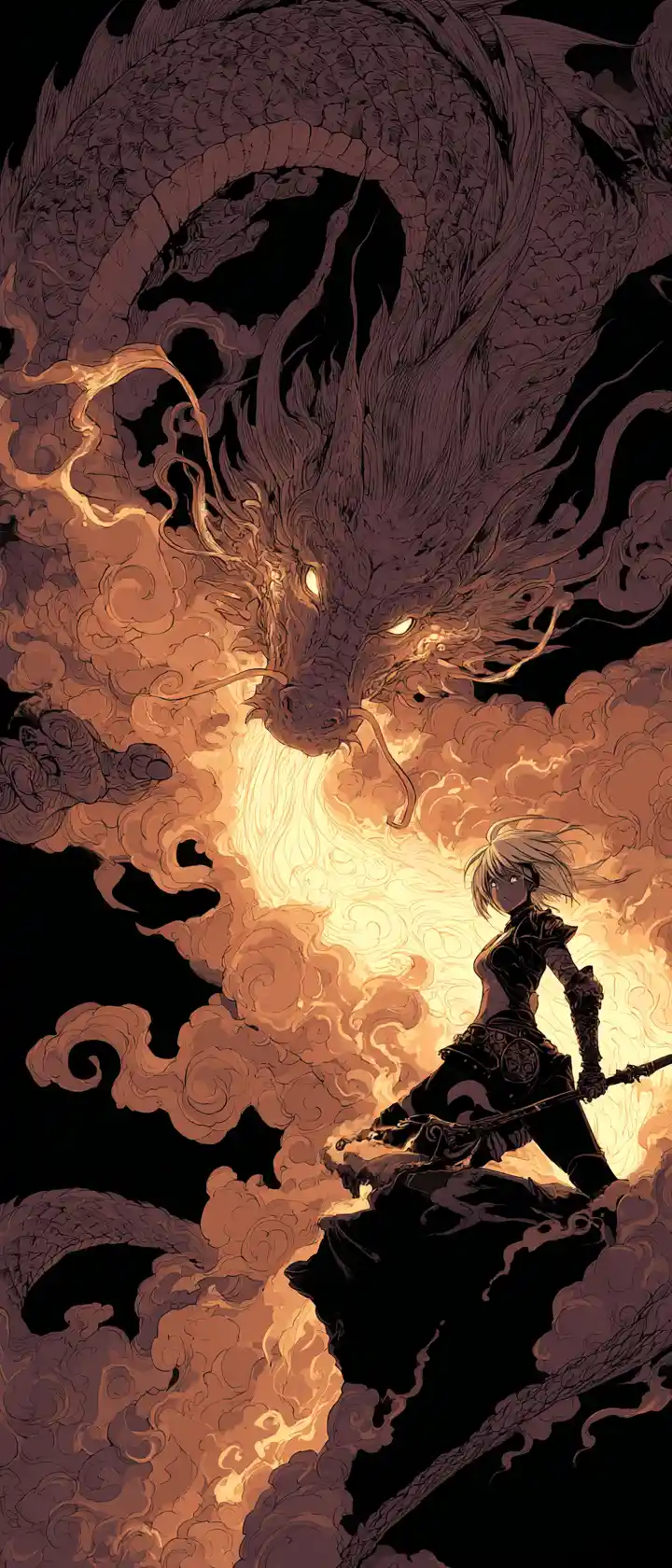 Kriegermaid, die auf einem Drachen durch feurige Wolken reitet
