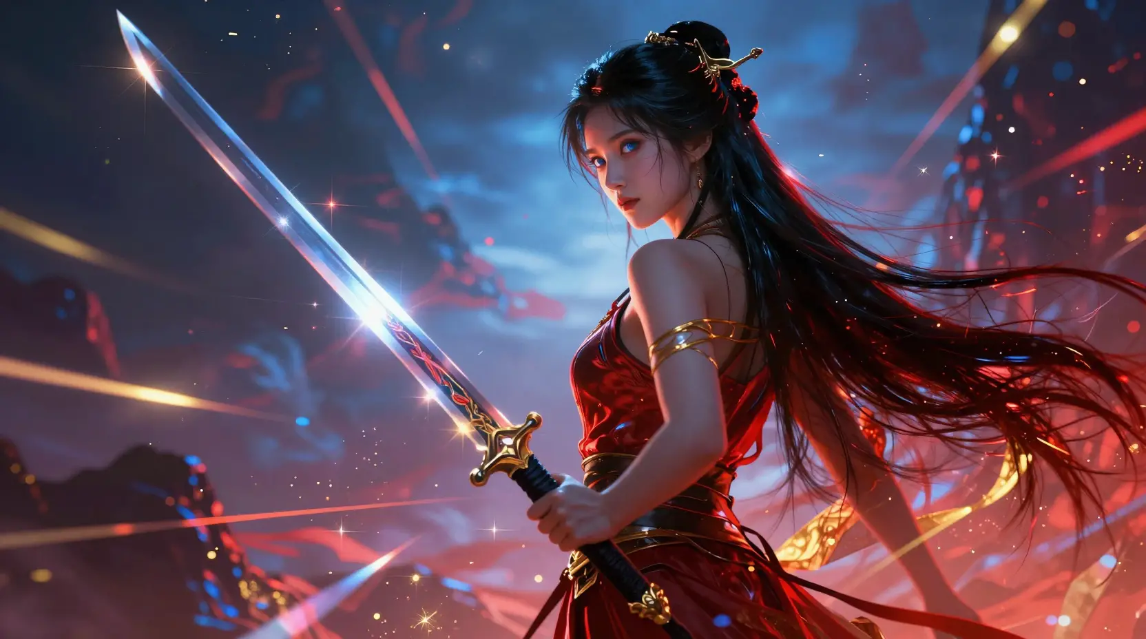 Celestial woman commanding countless flying swords in silhouette