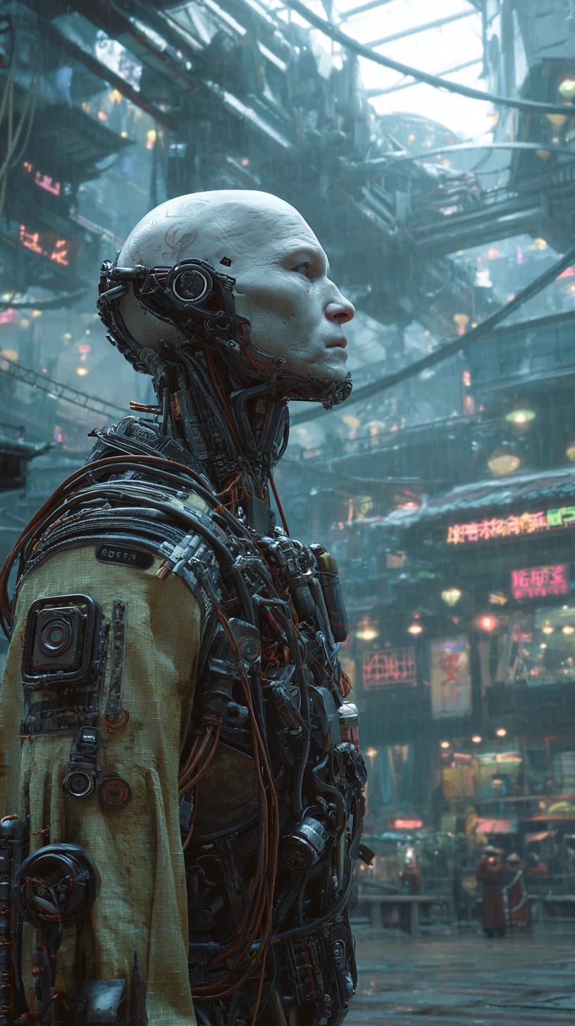 Vollkörper-Cyberpunk-Cyborg in dunkler futuristischer Rüstung
