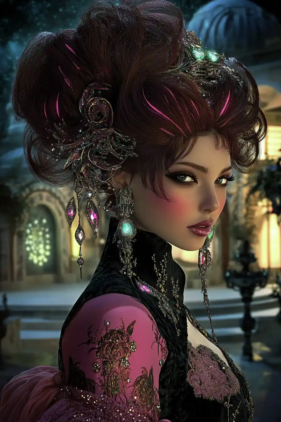 Femme persane en robe couture sertie de bijoux sous un ciel au clair de lune