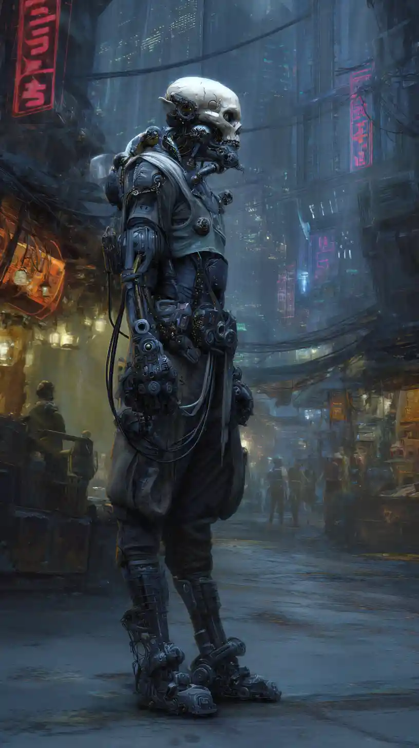 Full body cyborg in tactical armor in dark cyberpunk street