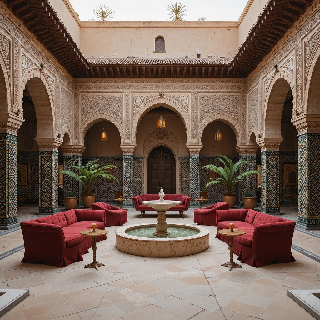 Marrakech courtyard with fountain arches and red lounge seating