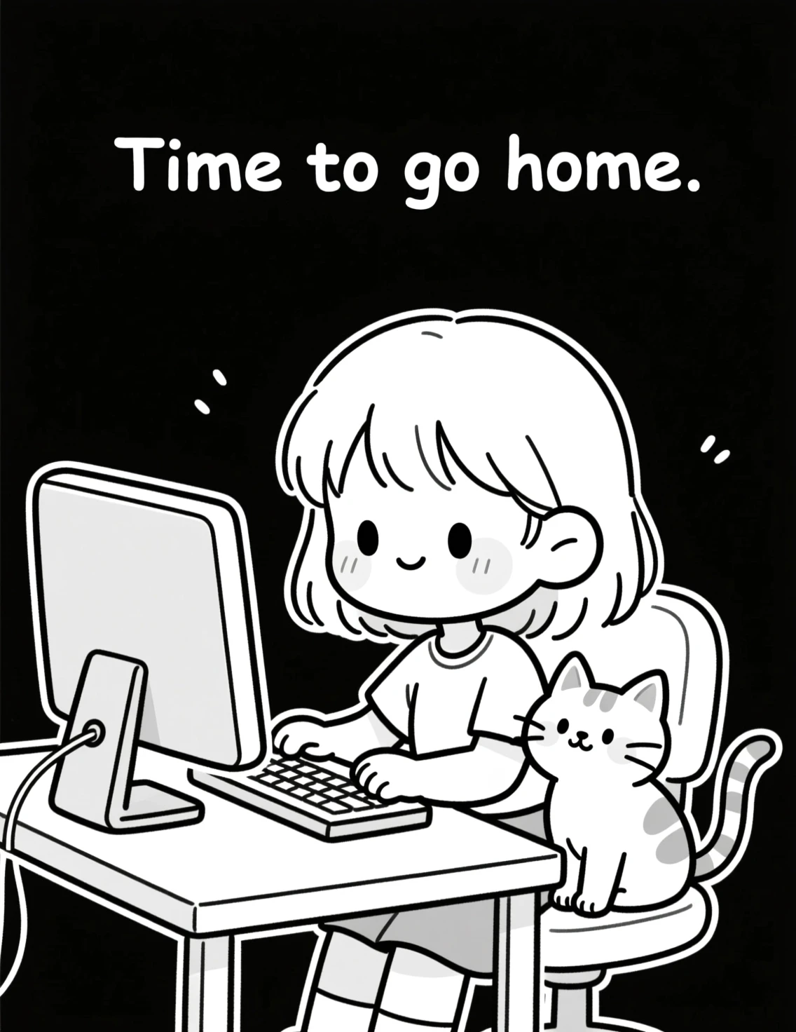 Cute girl at computer with small cat line drawing