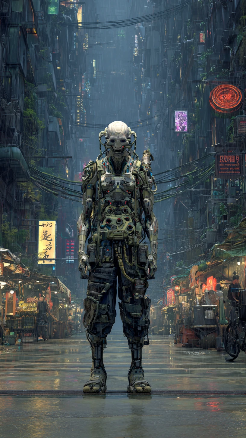 Menacing cyborg in tactical armor in a dark city street