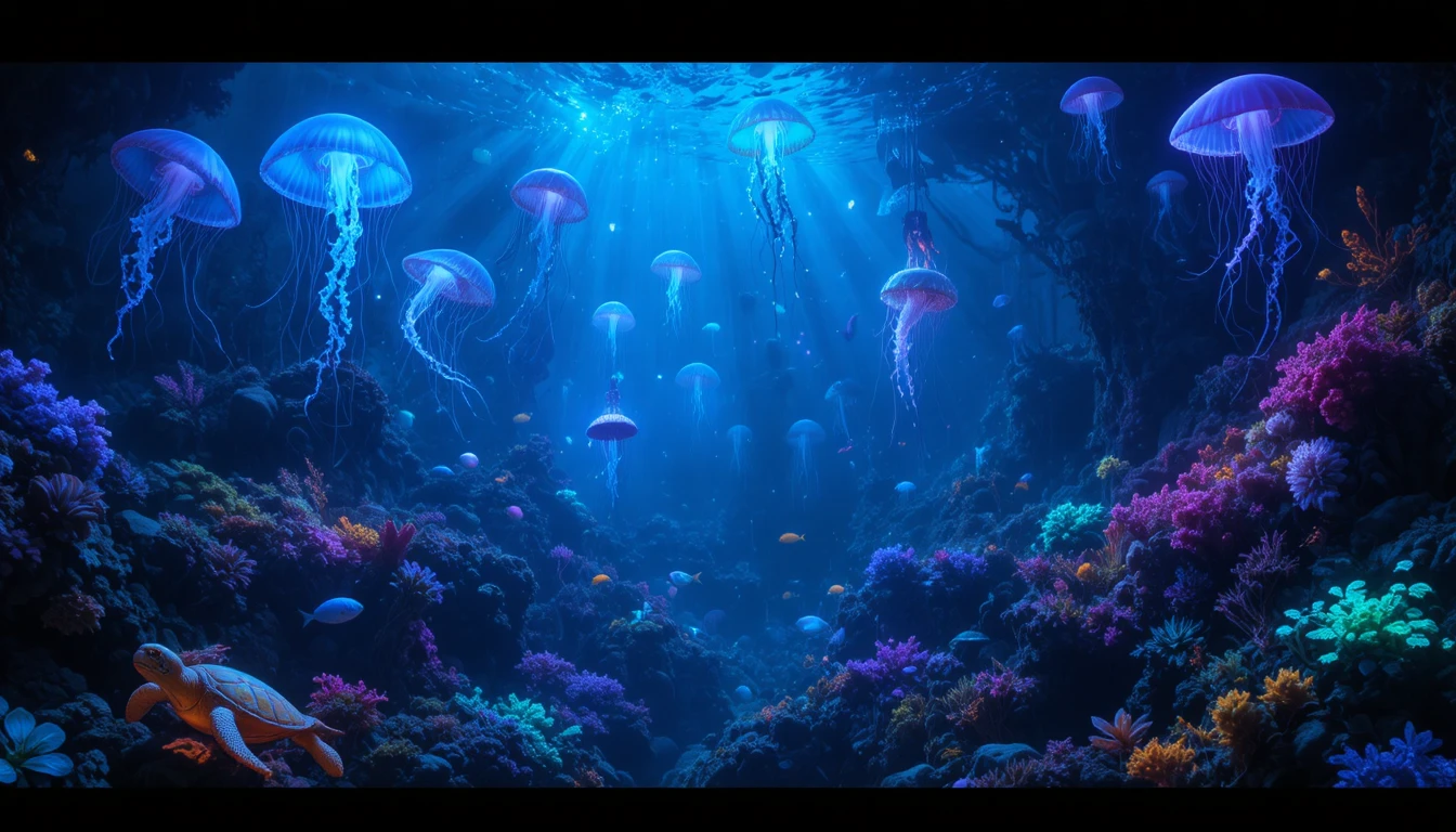 Bioluminescent Sea Creatures In A Dark Underwater Realm