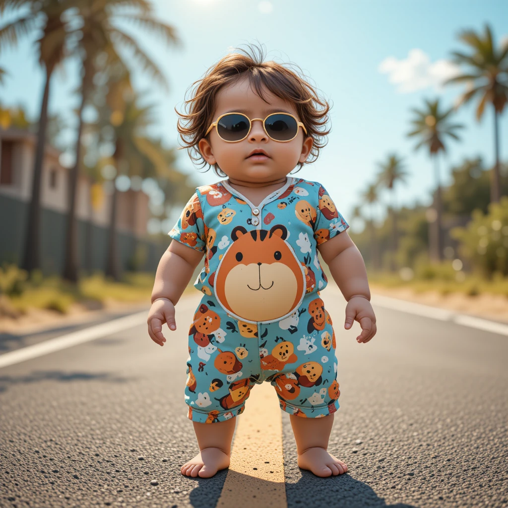 Cute baby standing confidently on a sunny city street