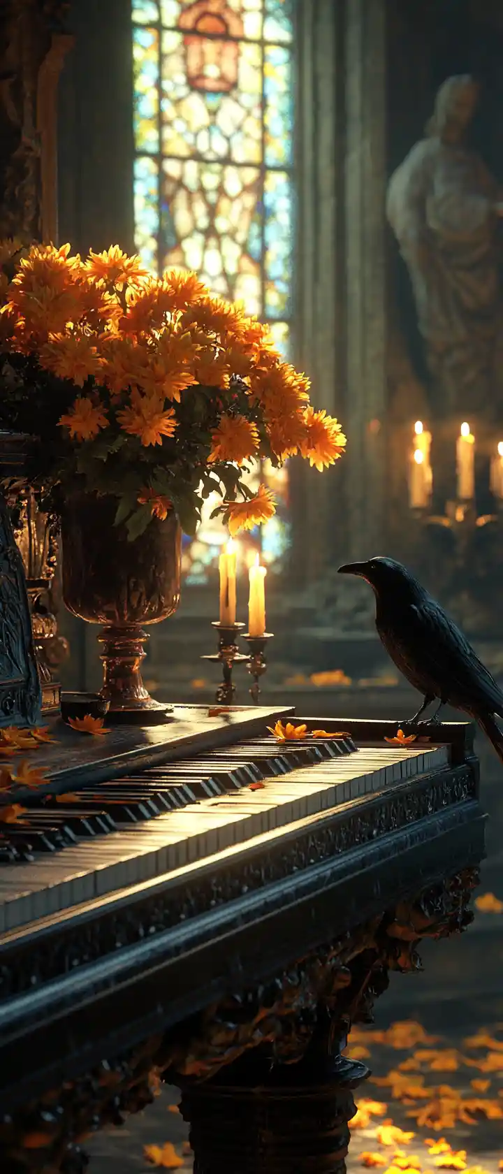 Piano In A Dim Office With Candles And Flowers