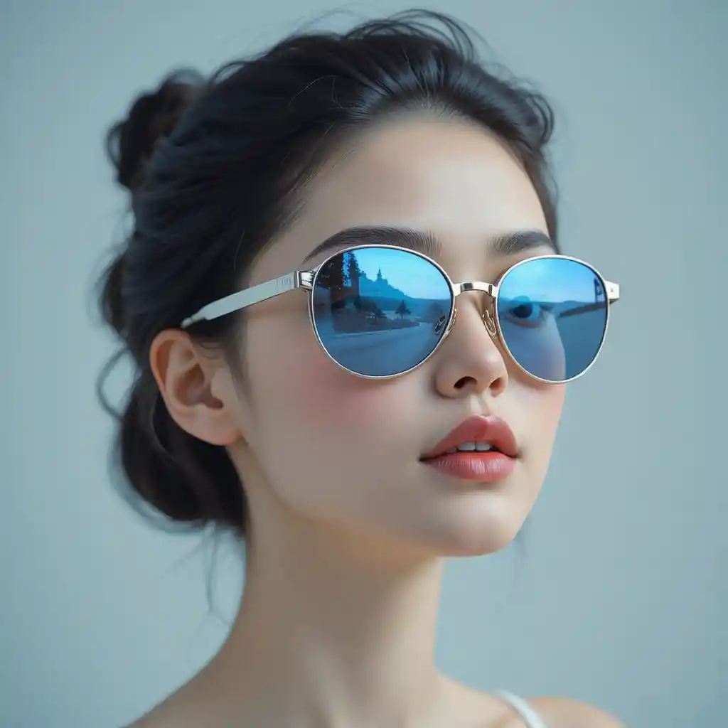 Junge Frau mit Sonnenbrille und traumhafter blauer Spiegelung