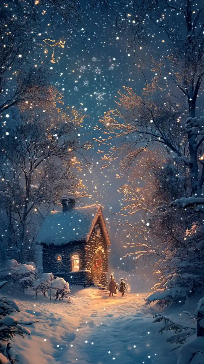 Mystical winter house beneath a luminous celestial sky