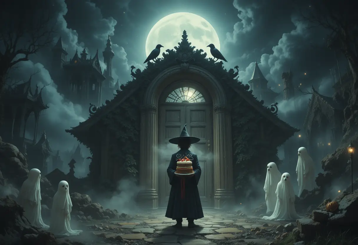 Whimsical trickster before a mystical door under full moon