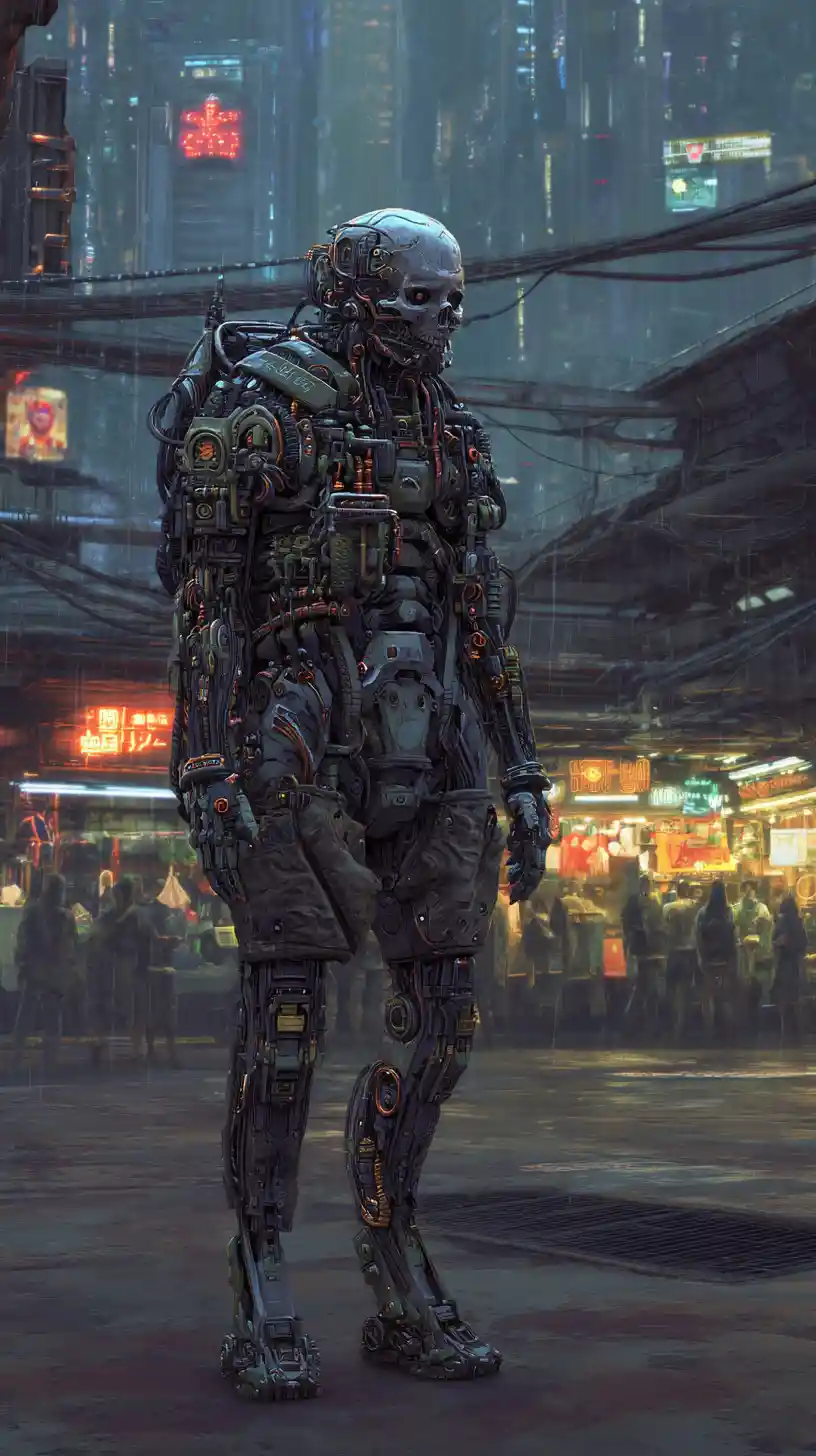 Menacing cyberpunk cyborg in heavy tactical armor