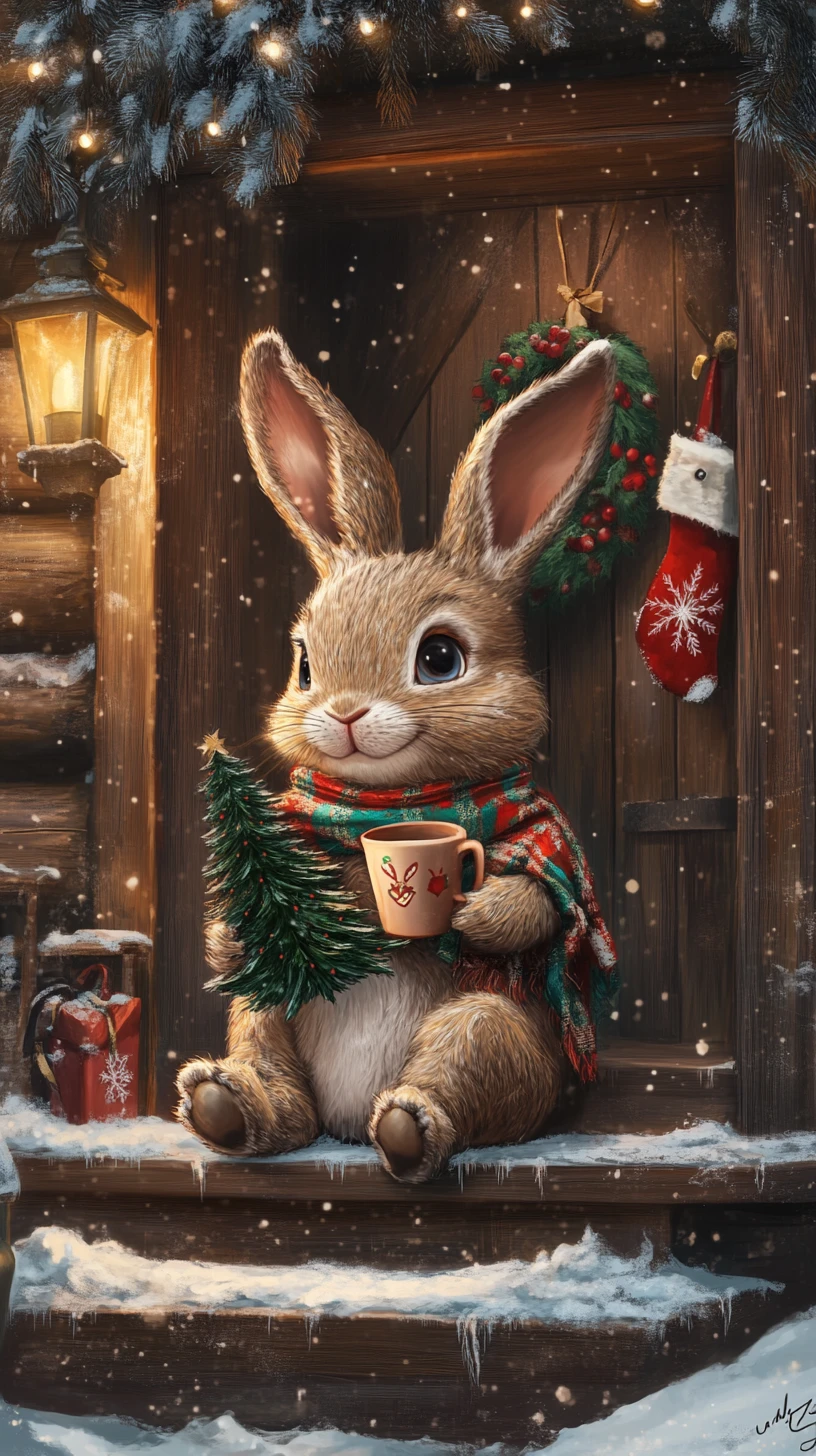 Festlicher Hase, der nachts auf verschneiten Hüttentreppen entspannt