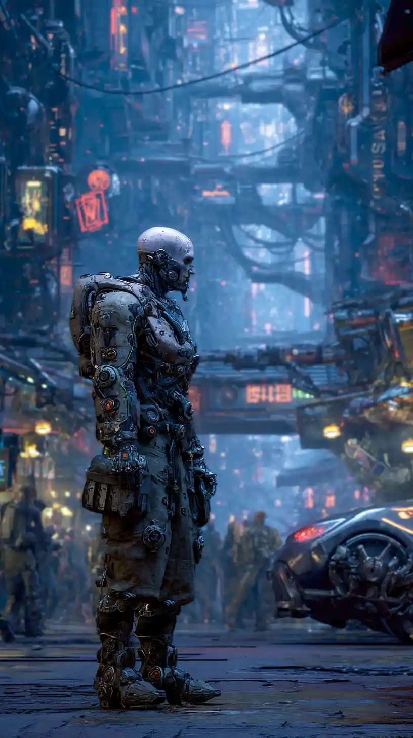 Cyborg umanoide minaccioso in pesante armatura, vista frontale a figura intera