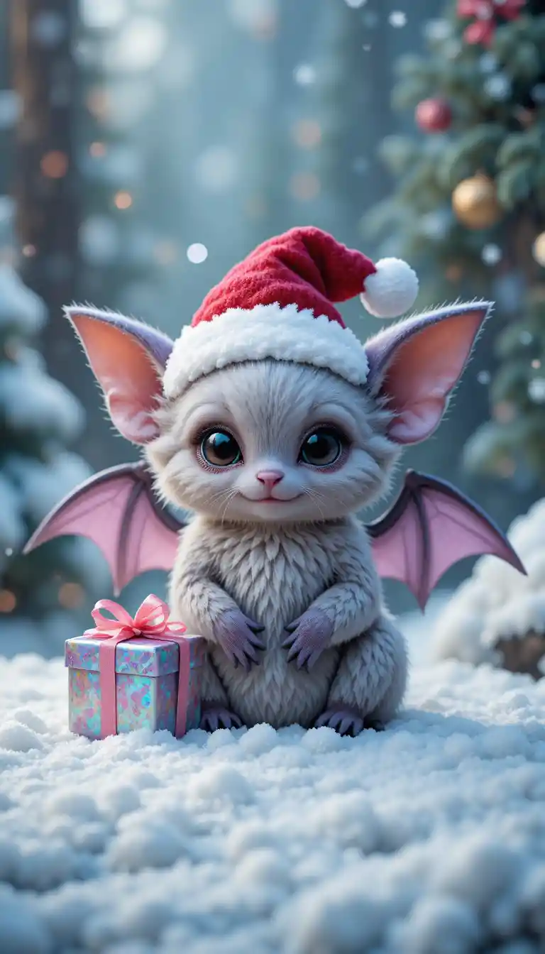 Adorable créature chauve-souris fantastique avec des cadeaux dans une forêt enneigée