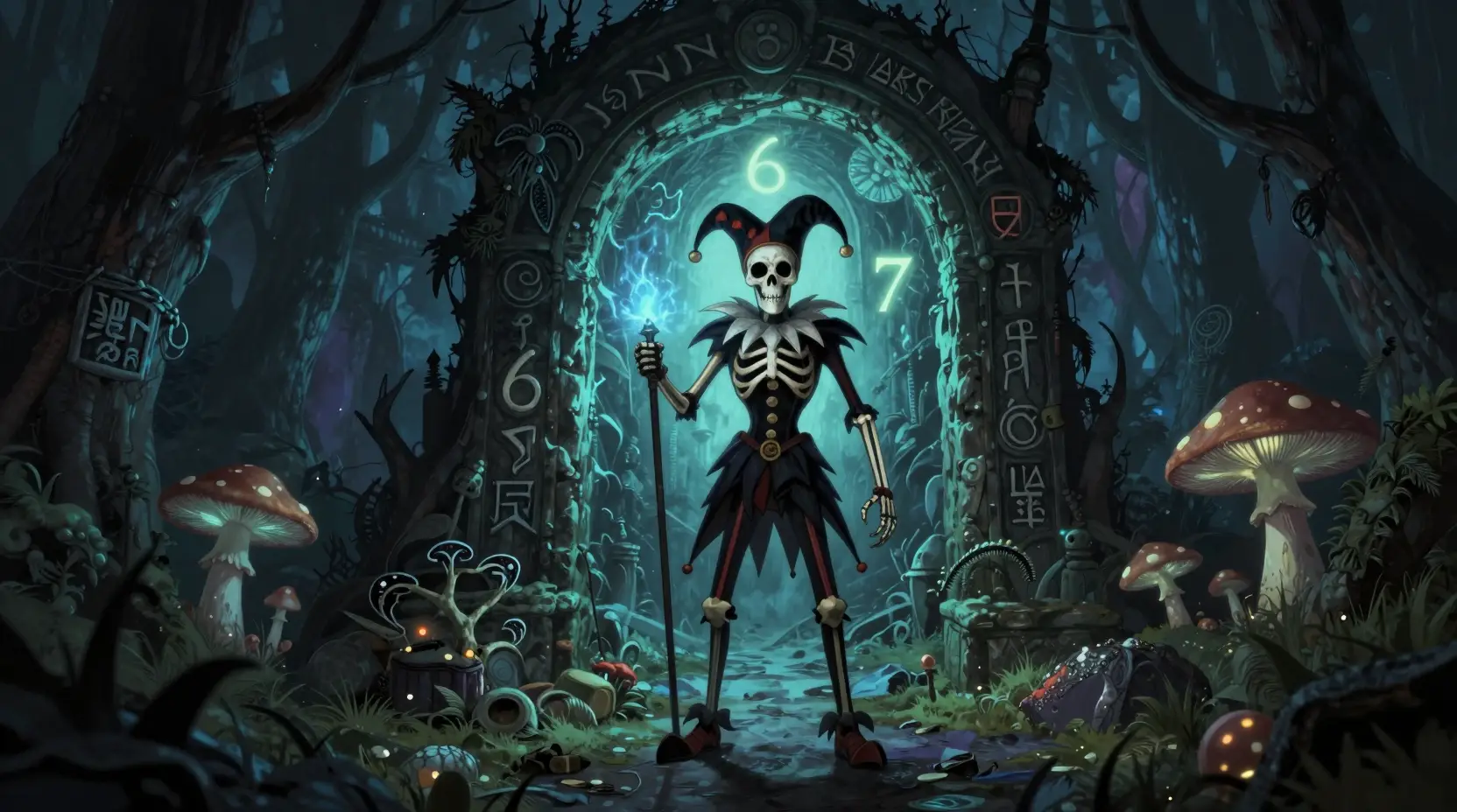 Skeleton jester warrior guarding a glowing forest portal