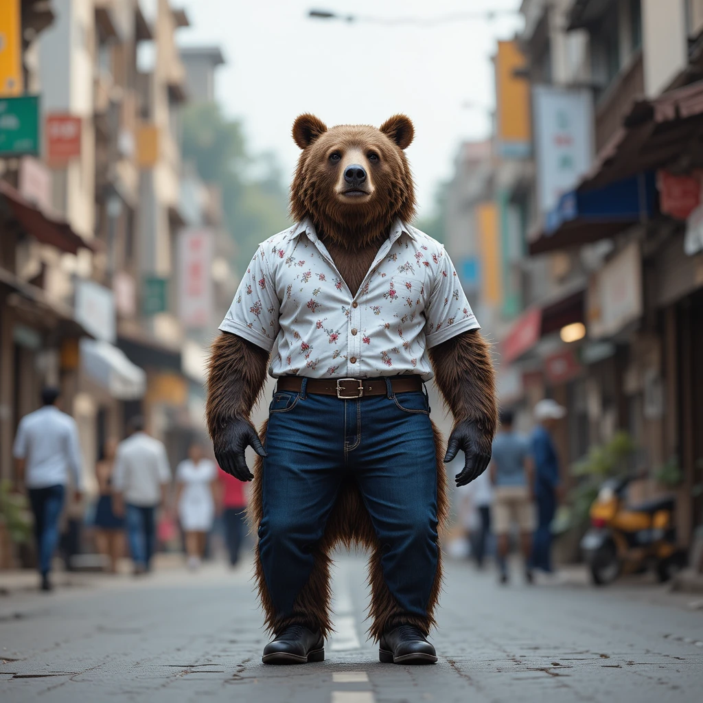 Stylish brown bear walking upright on busy city street