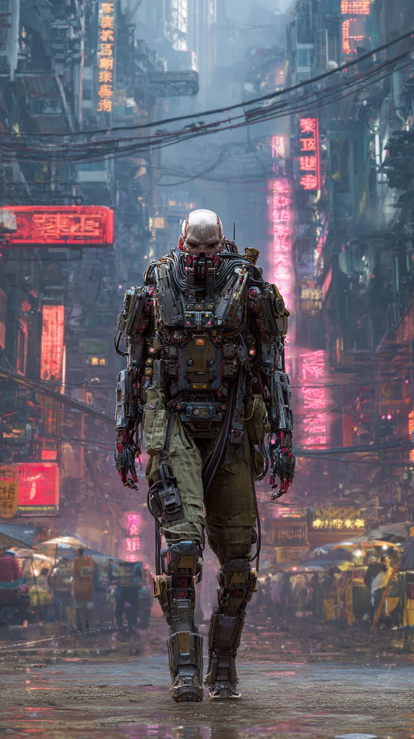 Bedrohlicher Cyberpunk-Cyborg in schwerer taktischer Rüstung