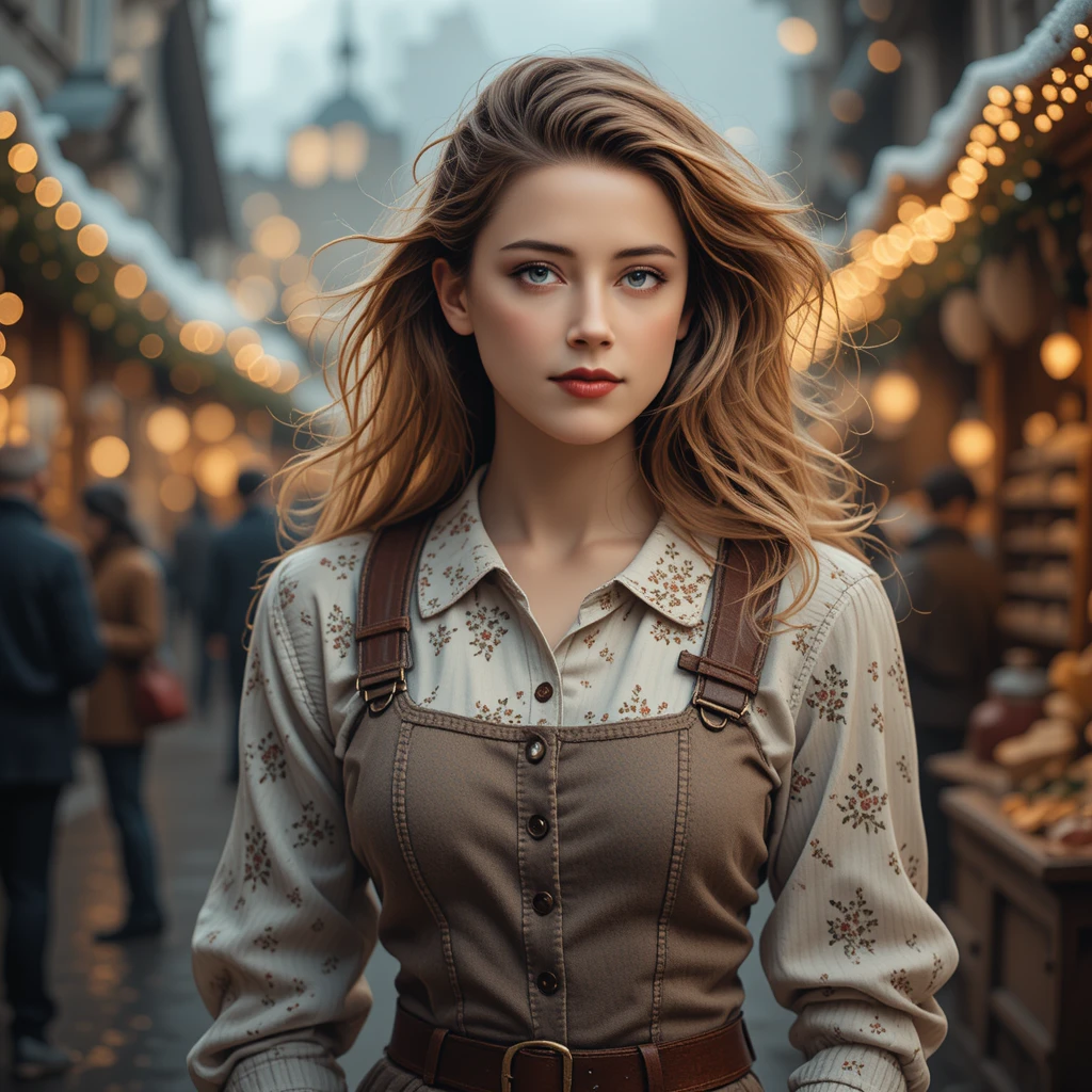 Smiling woman at festive street market with cinematic flair