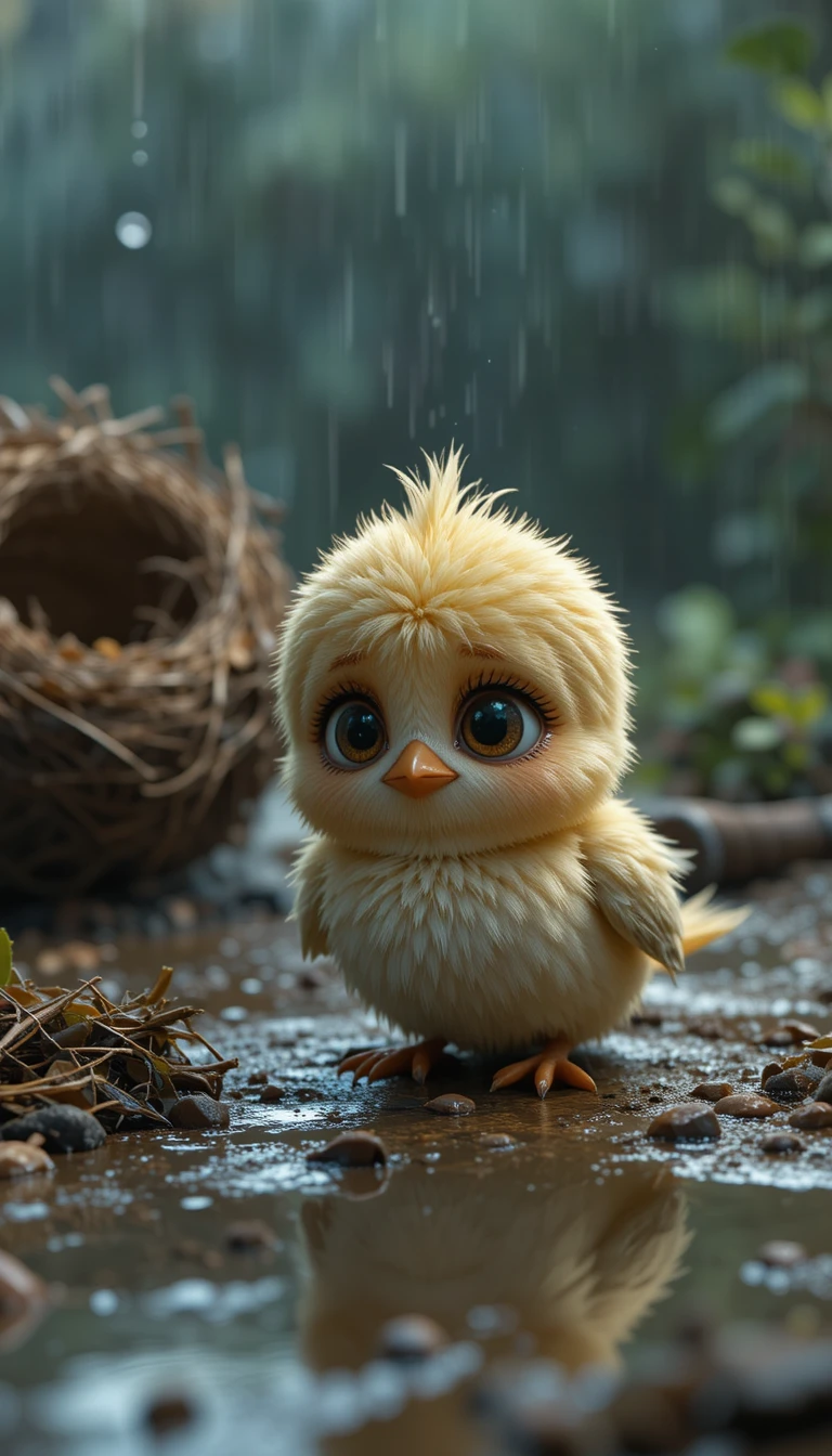 柔和雨光下濕地上的悲傷小雛鳥