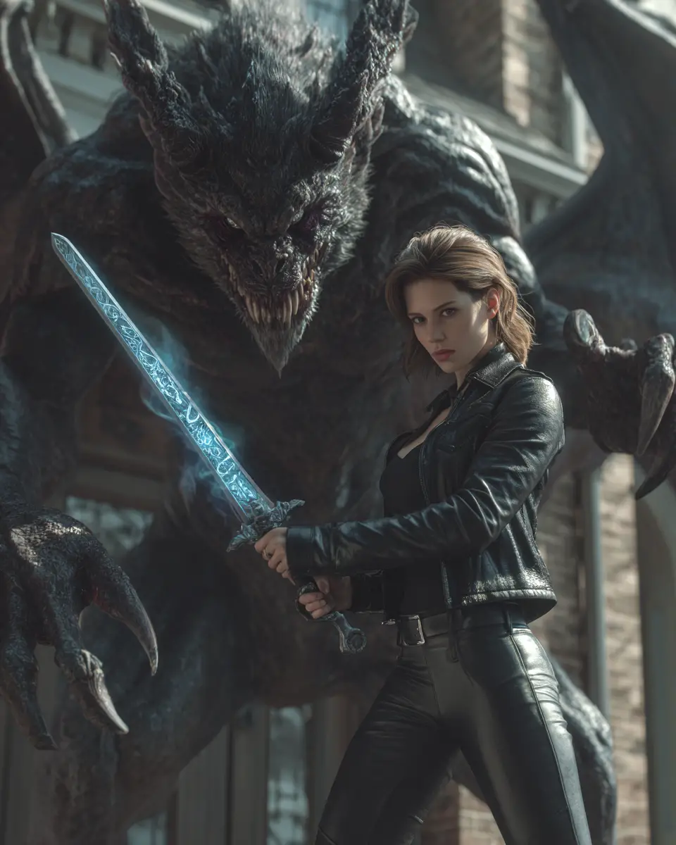 Demon hunter woman with glowing dagger in victorian hall