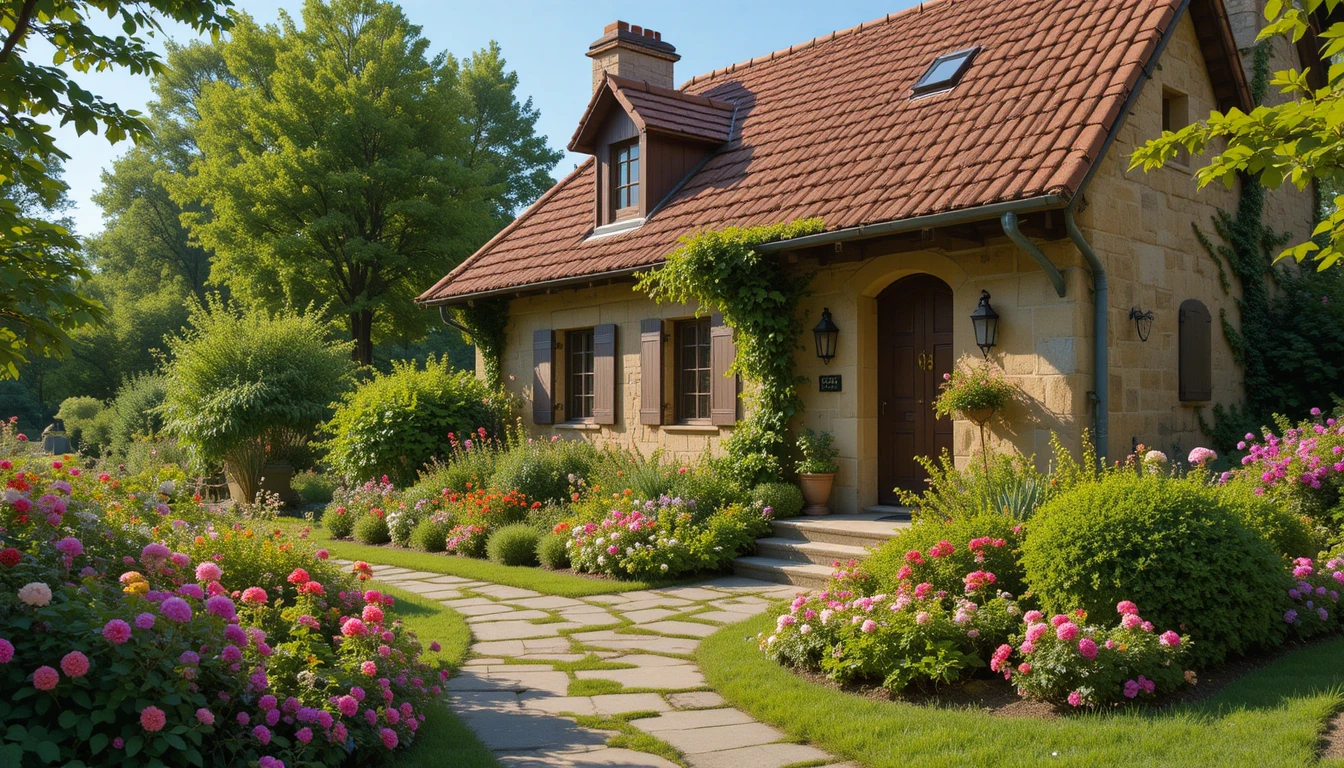 Charming stone house with terracotta roof in lush garden