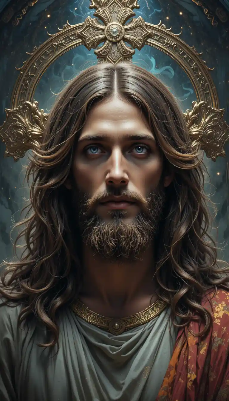 Mystical Portrait Of Jesus Christ With Metal Halo Glow