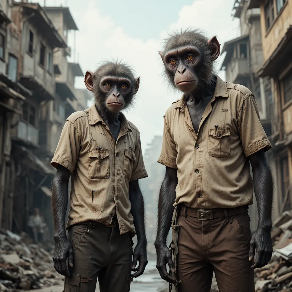 Monkey family in worn clothes beside urban slum buildings