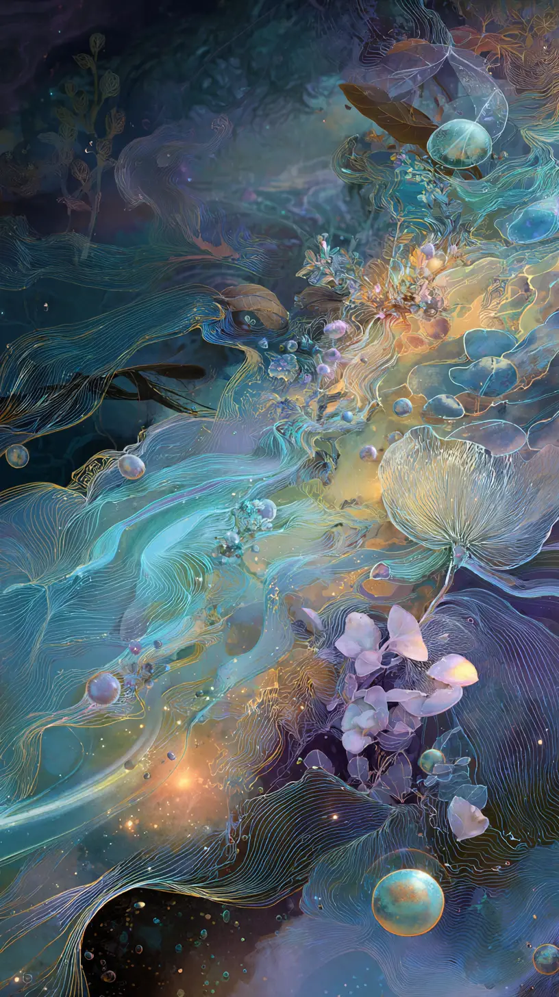 Sleeping woman in a surreal glowing dreamscape vignette